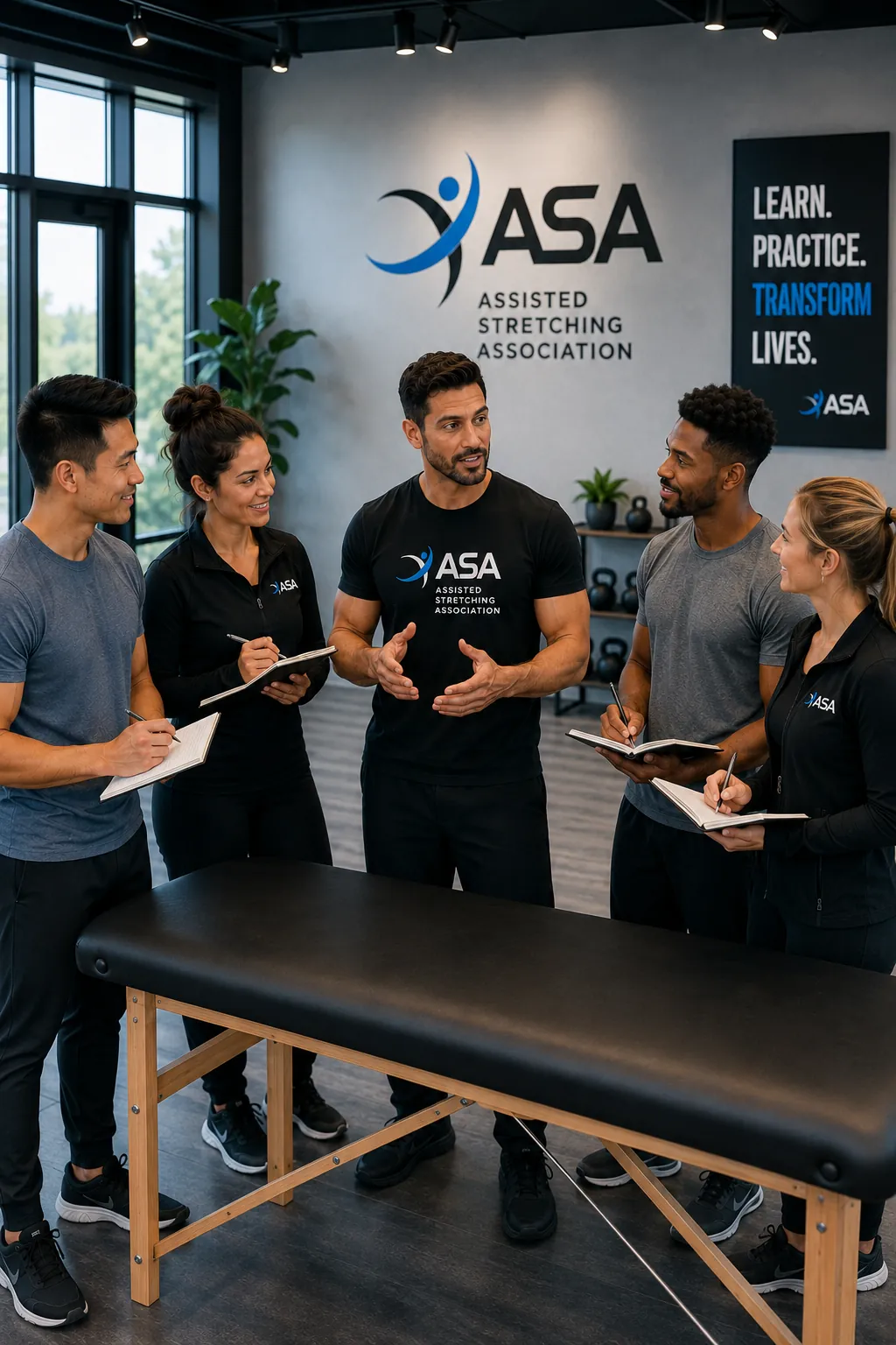 An ASA instructor teaching four students gathered around a stretch table during in-person certification training.