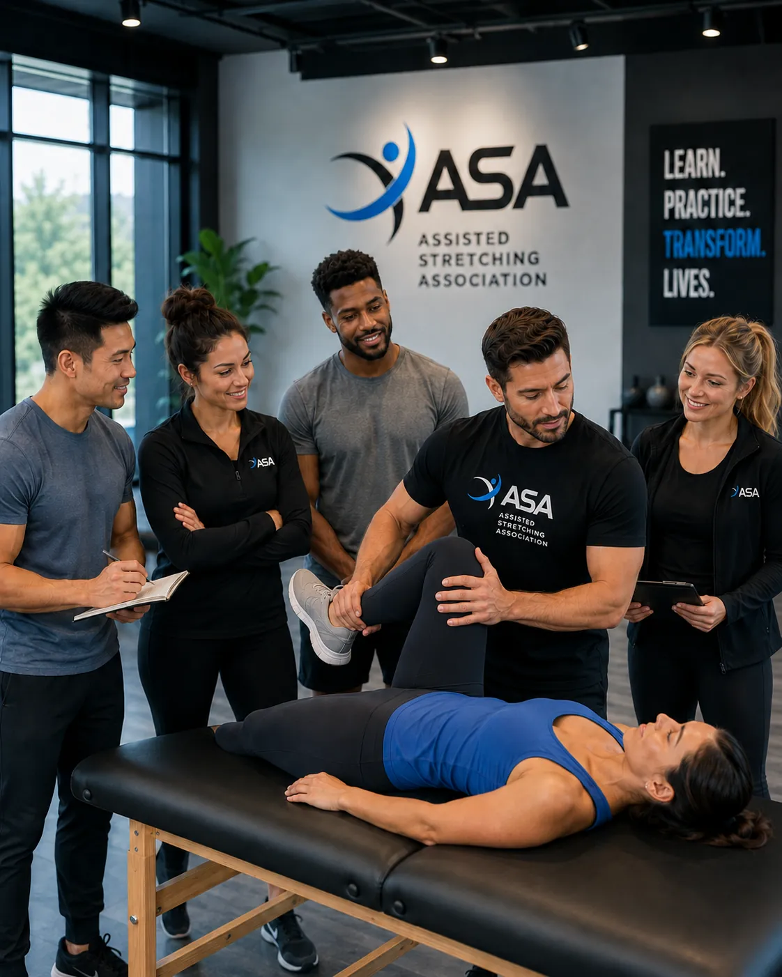 An ASA practitioner demonstrating a supported leg stretch on a client while four students observe, one hand on the client’s knee and one supporting the ankle.